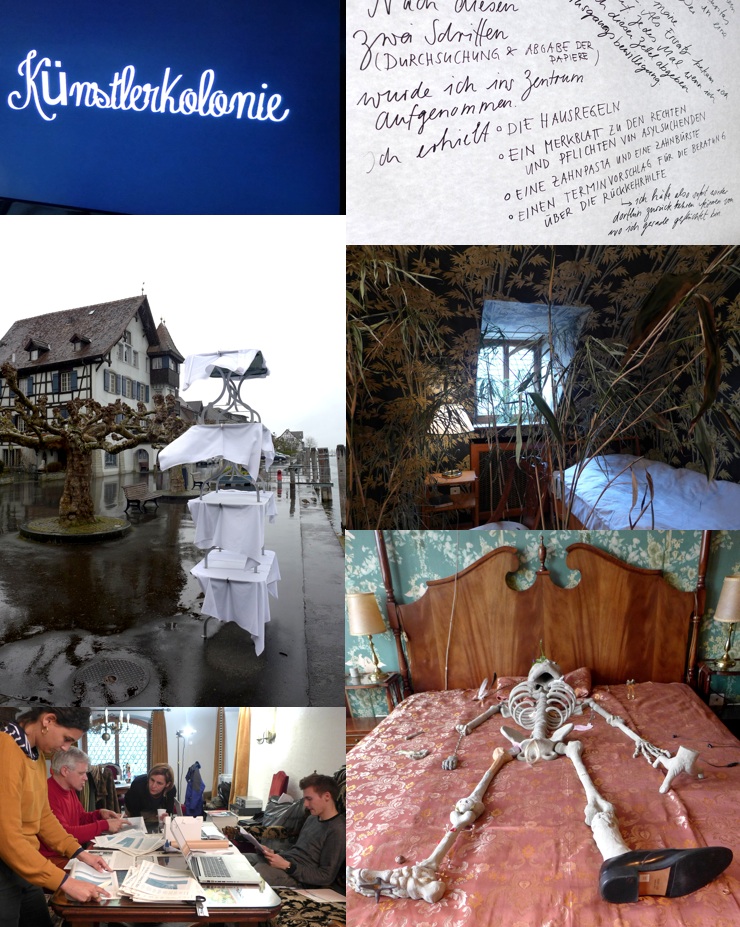 Das Hotel Hecht, wie es Evi, Nic & C verstehen (oben li), Notizen aus dem Empfangszentrum Kreuzlingen von Annatina Caprez & Nistiman Erede (oben re), Aussenrauminstallation von Claudio Moser (im Hintergrund das Hotel Hecht (Mitte li),  Bambuszimmer von Laetitia Reymond (Mitte re), Tagblatt-Redaktion „Der Hecht“, in der Mitte Hauptinitiantin und Hotelierstochter Cécile Hummel (unten li), Skelett von Sabian Baumann & Kristin T. Schnider (unten re). 